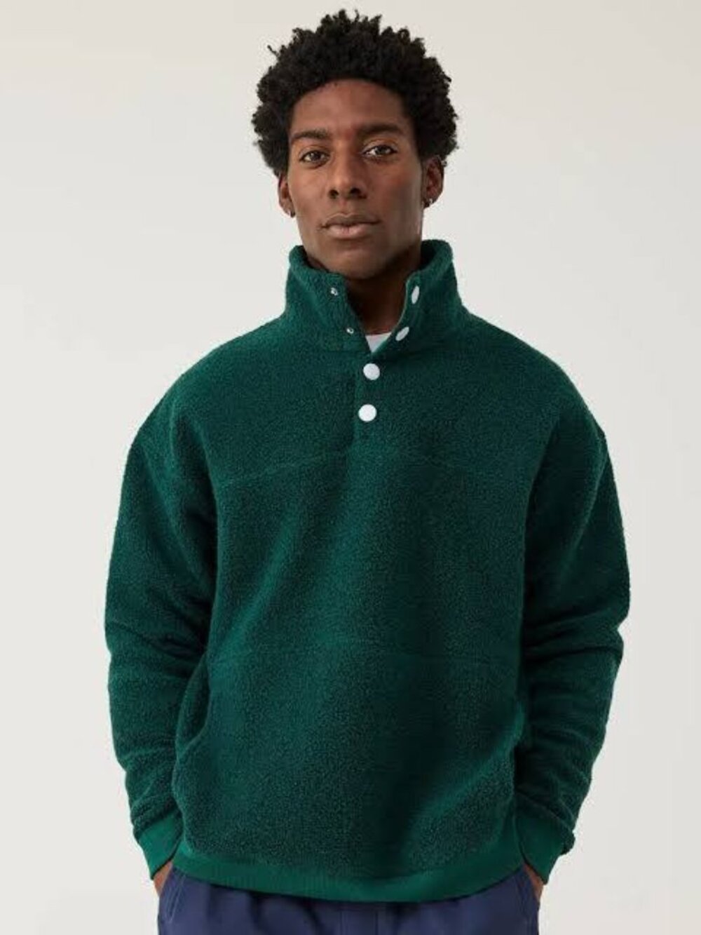 Outdoor Voices Men's MegaFleece Snap Up Wool Pullover Conifer Green Medium EUC